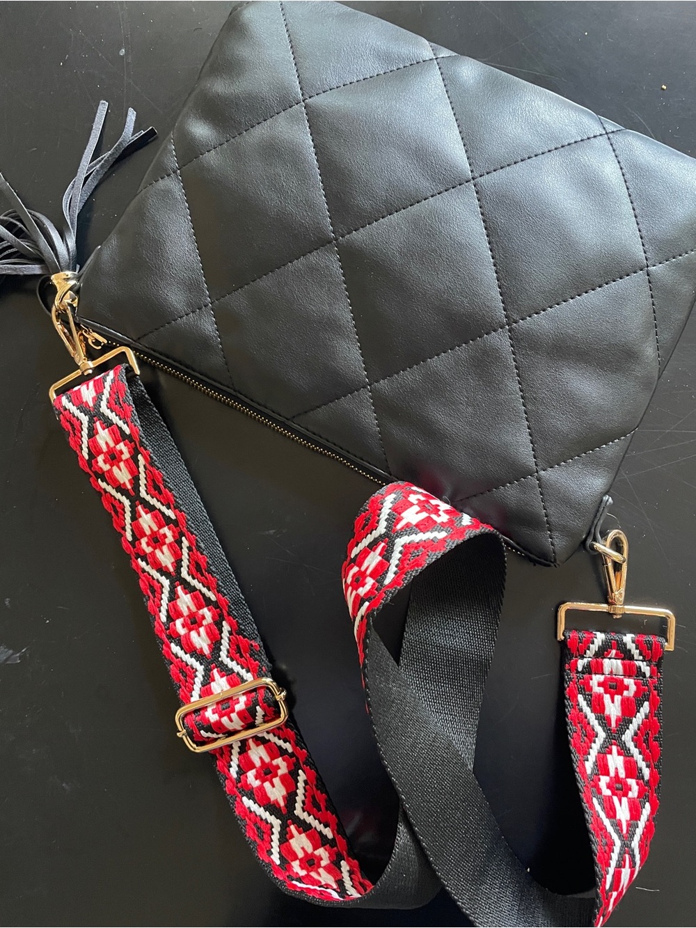 Quilted Black Crossbody Bag with Red Patterned Strap